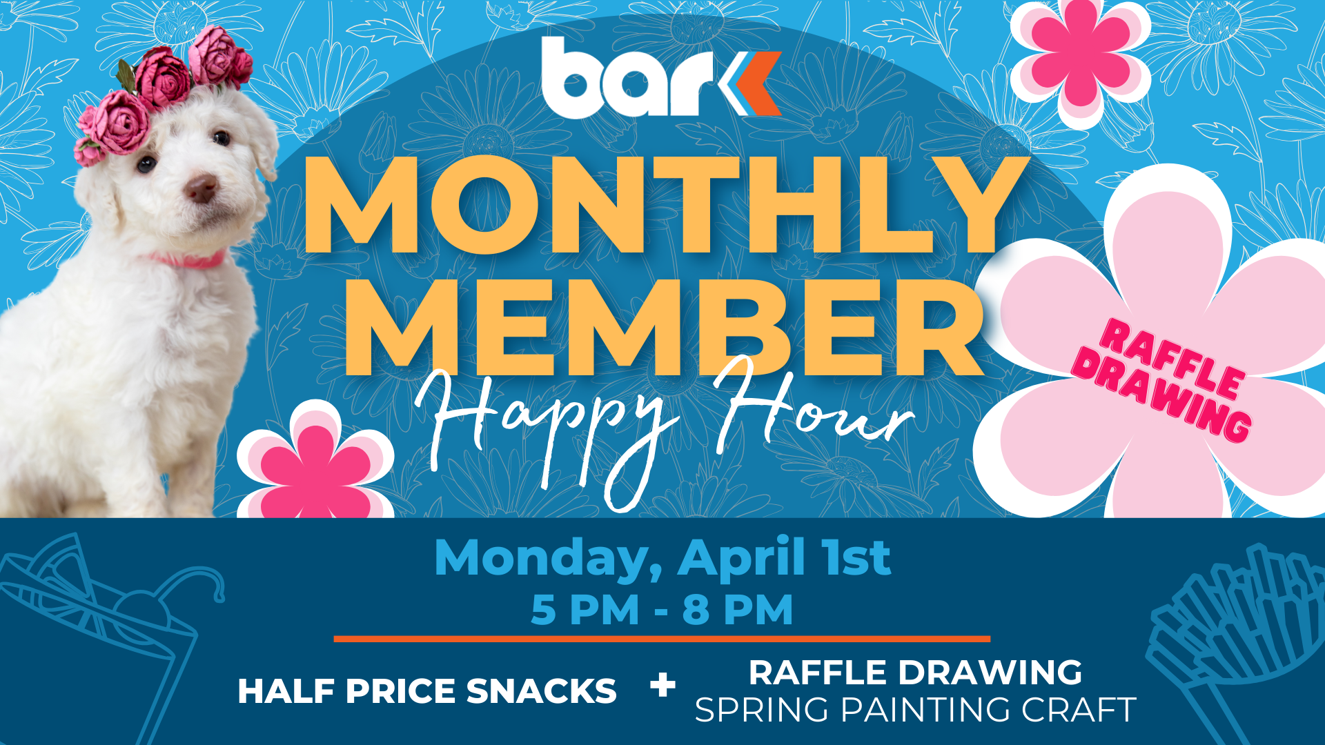 Bar K Monthly Member happy hour. Raffle drawing, spring painting craft, and half price snacks. Monday, April 1st from 5 pm to 8pm.