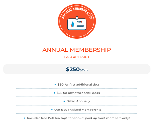 annual membership is paid up front at $250 plus tax. $50 for the first additional dog and $25 for any other. Billed annually, it's our best valued membership! Includes free pethub tag.