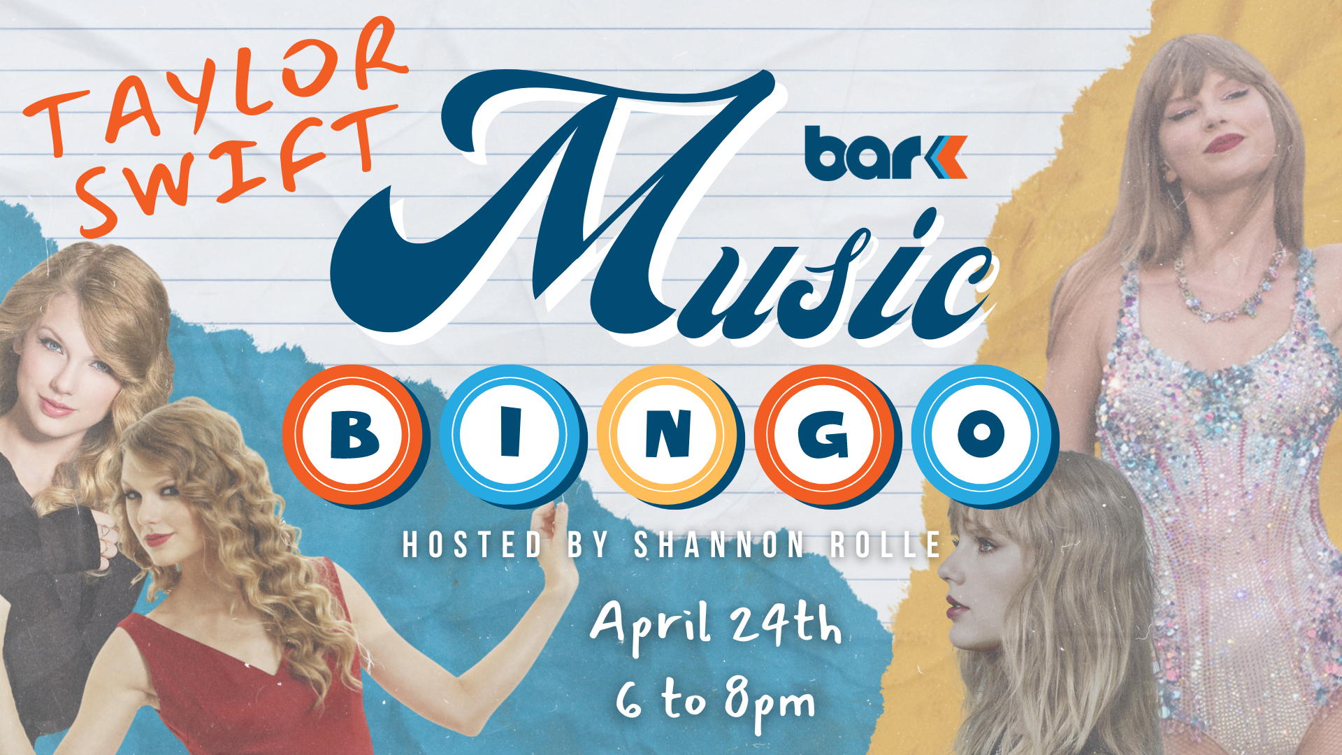 Taylor Swift music bingo at bar k. Hosted by Shannon Rolle on April 24th from 6 to 8 pm.