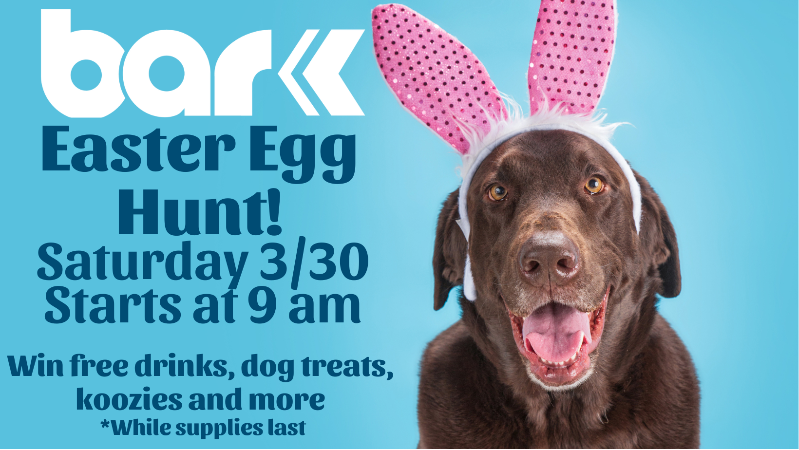 Bar K Easter Egg Hunt! Saturday March 30th at 9 am. Win free drinks, dog treats, koozies, and more. while supplies last.