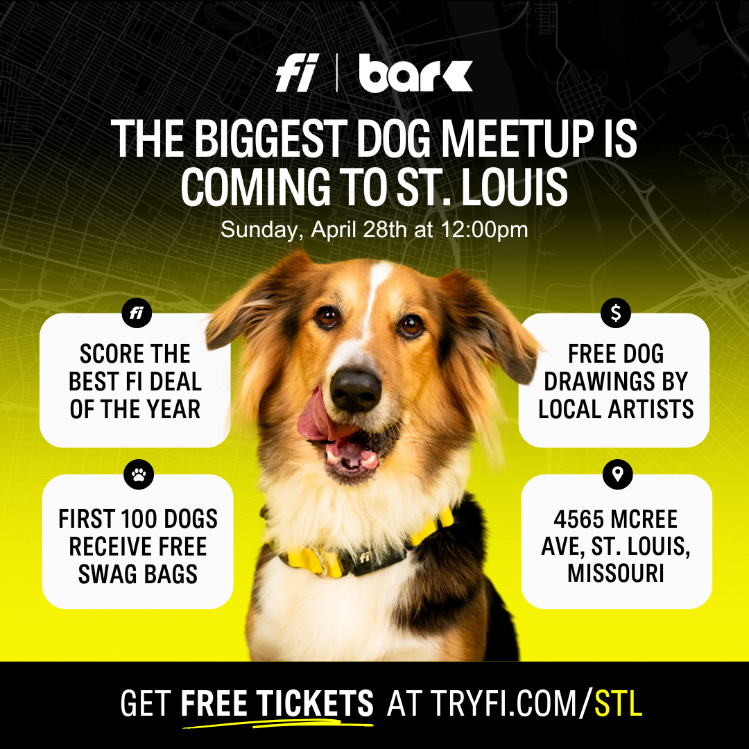 Bar K the biggest dog meetup is coming to st louis sunday, april 28th at 12 pm. Score the best Fi deal of the year, free dog drawings by local artists, first 100 dogs receive free swag bags, 4565 mcree ave, st louis, missouri. Get free tickets at tryfi/stl