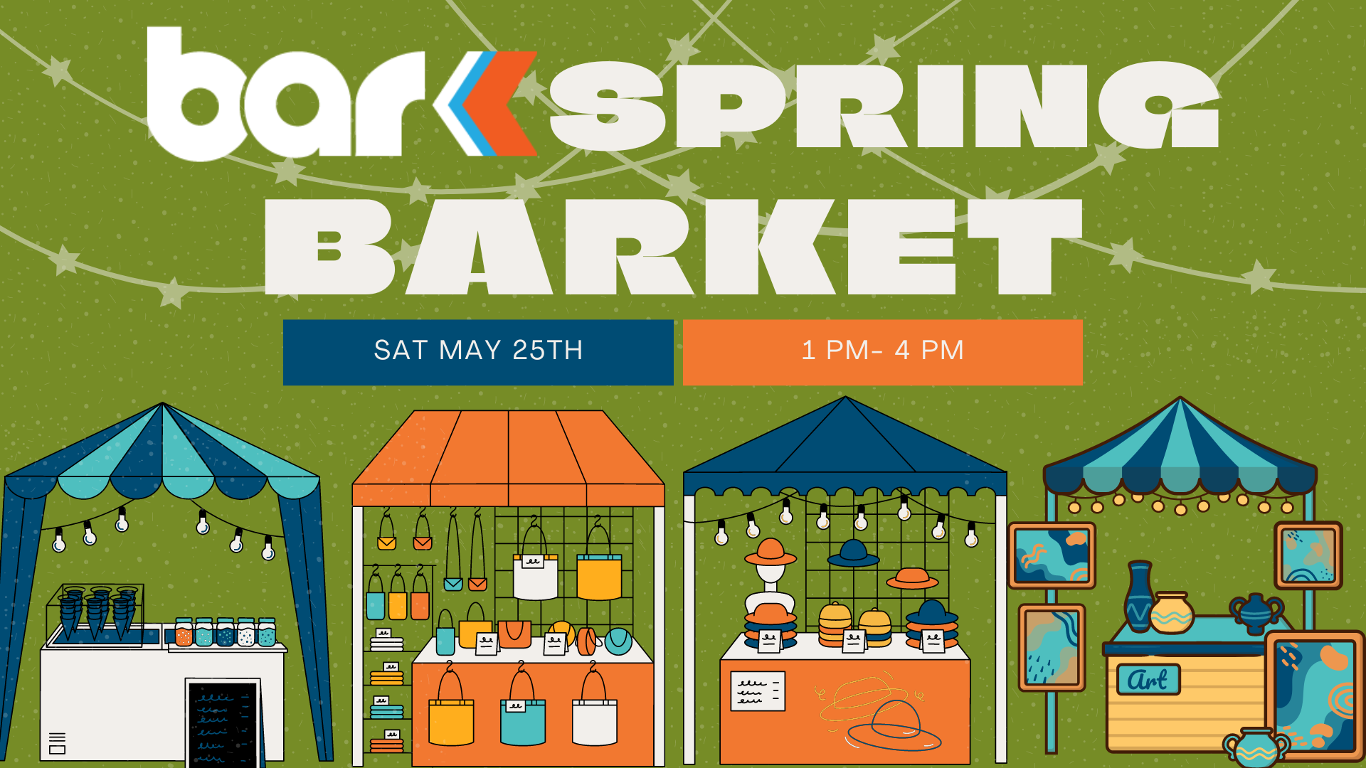 Four artisan stalls with text Bar K Spring Barket Sat May 25th 1pm to 4 pm