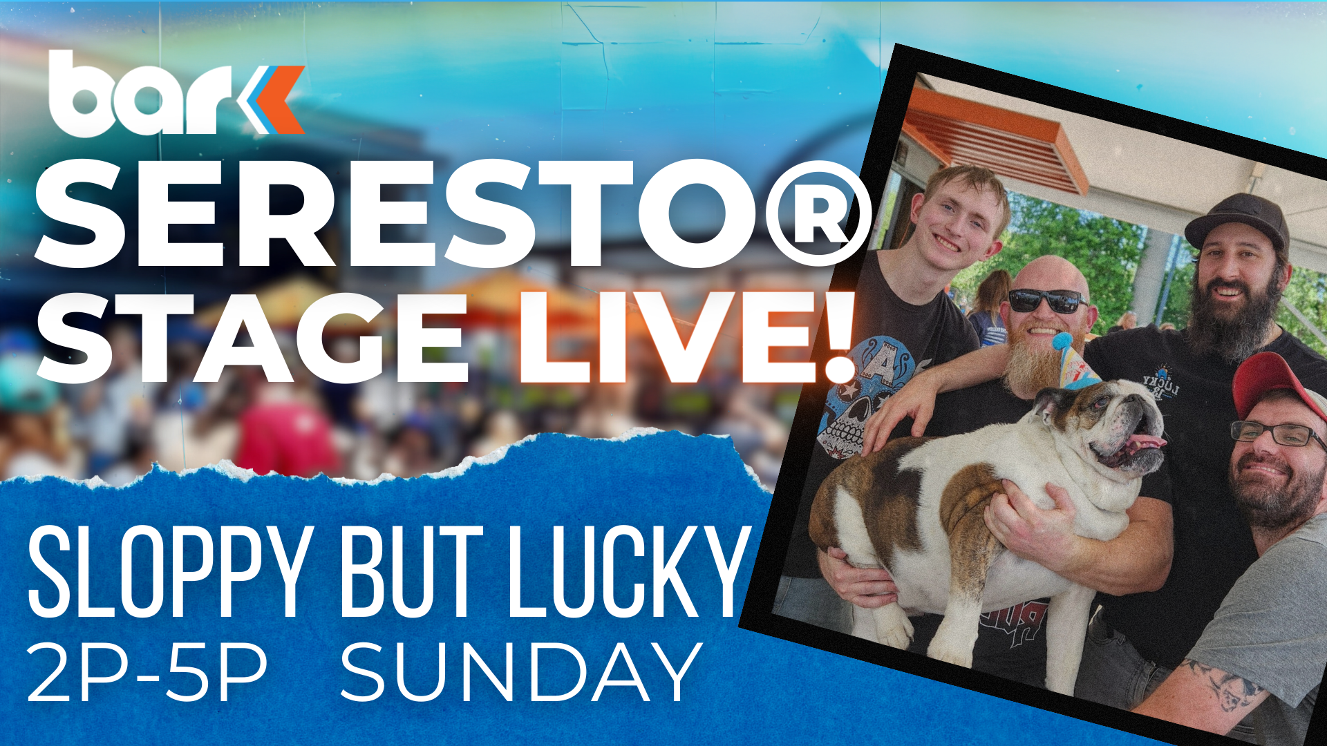 Four men holding a dog in a birthday hat Text - Bar K Seresto Stage Live! Sloppy but lucky 2pm to 5pm Sunday