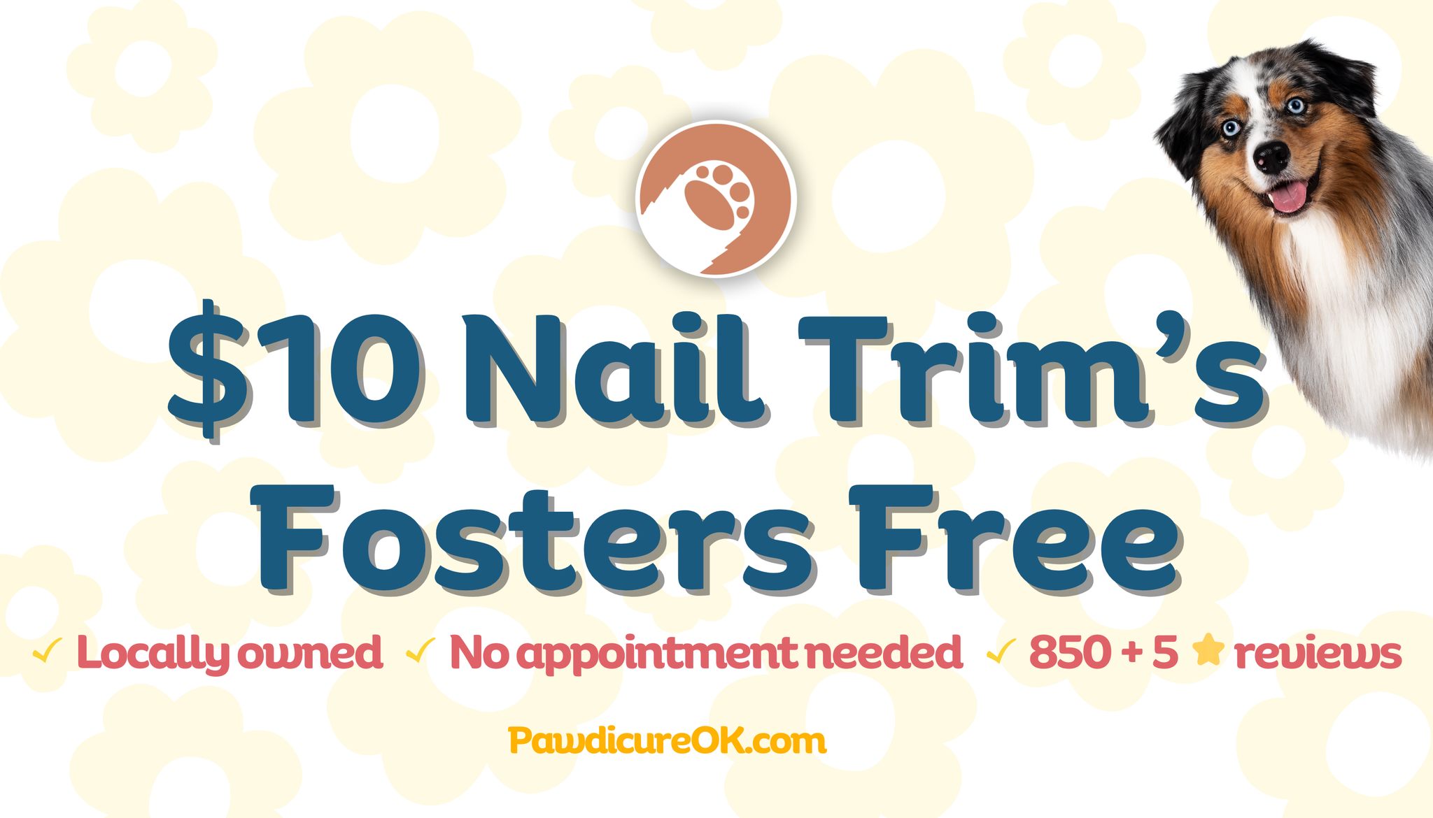 $10 nail trim's fosters free. PawdicureOK.com locally owned, no appointment needed, 850 plus 5 star reviews.