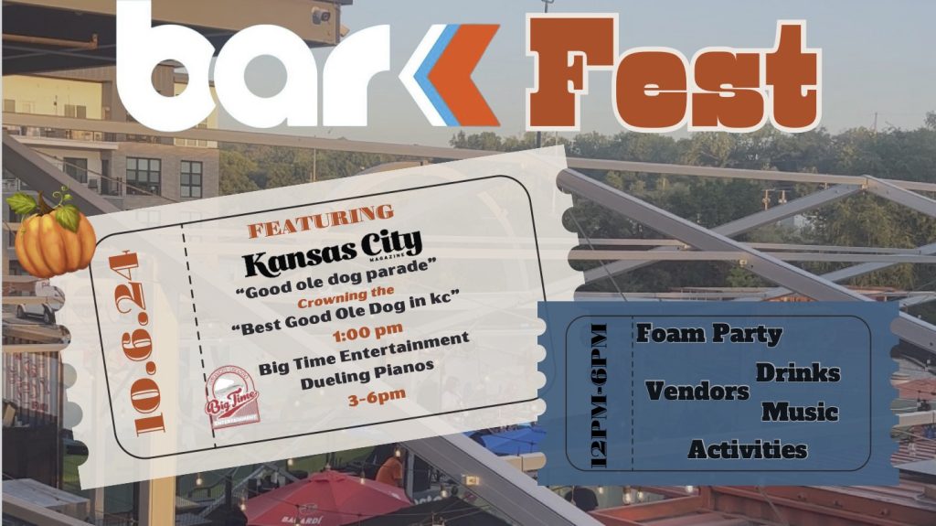 “Bar K Fest promotional banner for October 6, 2024. The background shows an outdoor view of a dog-friendly social space. The text overlay features a large heading: ‘Bar K Fest’ with a stylized logo. An angled ticket design contains details: ‘Featuring Kansas City Magazine Good Ole Dog Parade, crowning the Best Good Ole Dog in KC at 1:00 pm, Big Time Entertainment Dueling Pianos from 3-6 pm.’ Event timing is from 12 pm to 6 pm, with a foam party, vendors, drinks, music, and activities highlighted.