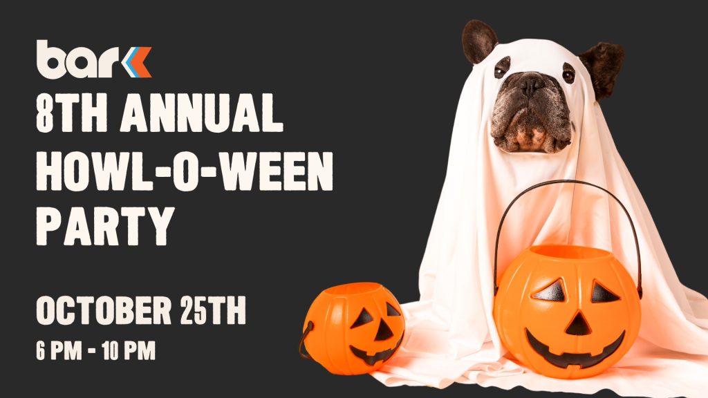 A promotional graphic for Bar K's 8th Annual Howl-O-Ween Party, featuring a French Bulldog dressed as a ghost with a white sheet over its head. The dog holds an orange jack-o'-lantern bucket in front of it. The event details are displayed in bold white text on a black background, reading "8th Annual Howl-O-Ween Party," "October 25th," and "6 PM - 10 PM." The Bar K logo is positioned in the top left corner.